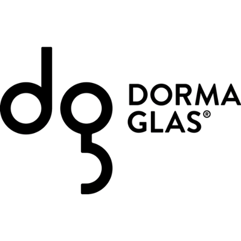 Schwarzes Logo mit den Buchstaben „dg“ und dem Text „DORMA GLAS“ auf dunkelgrünem Hintergrund.
