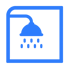 Blaues Duschkopf-Symbol mit Wassertropfen in einem Quadrat.