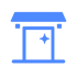 Blaues quadratisches Symbol eines Brunnens mit einem glänzenden Stern im Inneren.