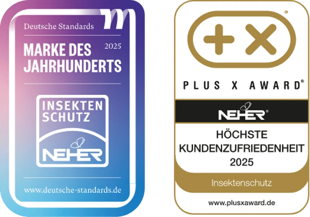 Neher Auszeichnungen 2025: Marke des Jahrhunderts für Insektenschutz und Plus X Award für höchste Kundenzufriedenheit.